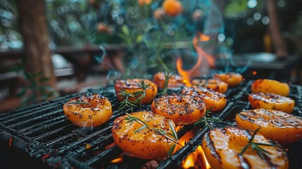 Close-up of grilled peaches with herbs on a barbecue, capturing a delicious and summery outdoor cooking scene.