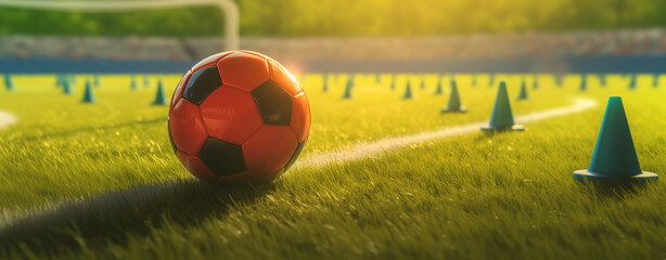 Wall Mural - Close-up soccer ball lays on the grass with football cones. Training concept. For sports event poster or banner design. Summer Olympic Games in France