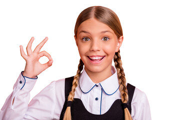 Wall Mural - Close-up portrait of her she nice attractive lovely confident content cheerful cheery glad pre-teen girl showing ok-sign ad advert isolated over bright vivid shine orange background