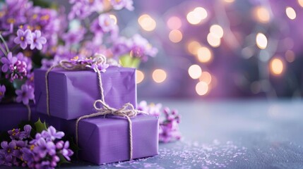 Wall Mural - Two purple gift boxes wrapped with twine, surrounded by lilac flowers and bokeh lights, creating a festive and elegant atmosphere.