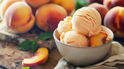 Wall Mural - Peach ice cream in bowl with fresh peaches around