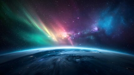 mesmerizing view of the aurora borealis from space, displaying vibrant colors over the earth with a 
