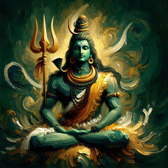 Canvas Print - modern green and golden oil paint brush stroke art of lord shiva sitting with trishul