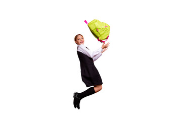 Sticker - Full length body size profile side view of nice attractive cheerful careless pre-teen girl having fun active motion movement throwing up green bag isolated on bright vivid shine orange background