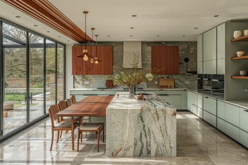 Wall Mural - A large kitchen with a marble countertop and a marble island