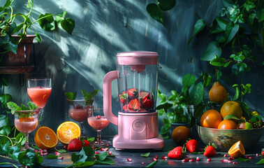 Wall Mural - A pink blender sits on a table with a variety of fruits and drinks