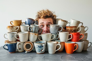 A man is surrounded by a pile of cups, some of which are dirty