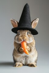 A rabbit wearing a black hat is holding a carrot