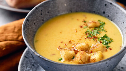 Wall Mural - Bowl of mashed potato soup with a spoon on the plate. The bowl is filled with yellow soup puree and topped with croutons, parsley and ground red pepper.