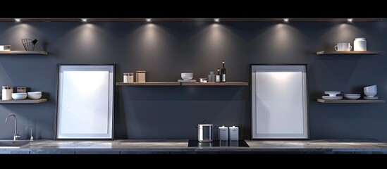 A contemporary kitchen with open shelving, two empty frames on a dark grey wall, illuminated by spotlights.