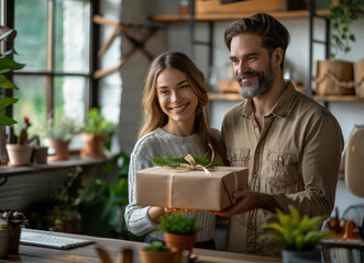 Wall Mural - A man and a woman are standing in a room with a brown box in front of them