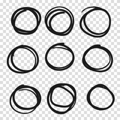 Wall Mural - Highlight circle frames. For message note mark design element. Set hand drawn pencil or marker round circles line sketch set. Circular scribble doodle oval. Vector illustration. Transparent background