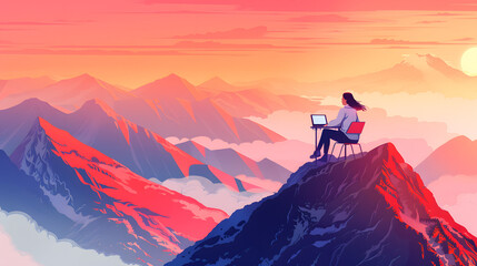 Poster - young professional woman woeking at a desk on the top of a mountain