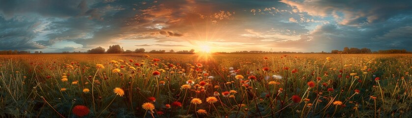 Wall Mural - A field of yellow flowers with a sun in the sky
