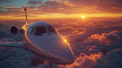 Wall Mural - private jet flying above clouds during sunset