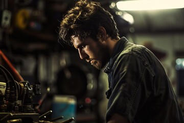 Wall Mural - A focused craftsman meticulously working at his bench in a tool-filled workshop, captured in a warm light. AIG58