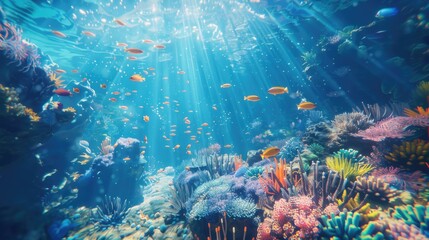 Wall Mural - A stunning coral reef underwater, a vibrant ecosystem full of marine life, illuminated by sunlight filters AIG59