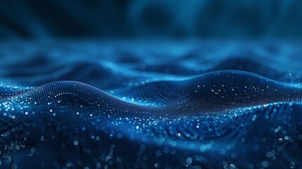 Photo of mesmerizing blue digital particle waves on dark blue background. forming a complex and technologically advanced facility