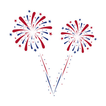 Fourth of July fireworks, a series of fireworks with stars and sparks in red and blue. United States Independence Day. Red and blue fireworks for an unforgettable 4th of July. Vector illustration
