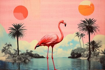Canvas Print - Collage Retro dreamy of Flamingo flamingo outdoors nature.