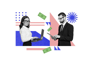 Poster - Creative collage portrait of two black white colors people use netbook tablet earn money online isolated on painted background