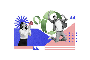 Canvas Print - Creative collage image of two mini black white effect people communicate loudspeaker jump celebrate lottery jackpot win dollar bills