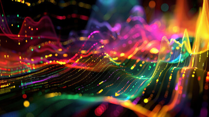 Poster - Colorful abstract digital waves with glowing particles and data visualization in a dark background