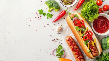 Tasty hot dogs with fresh vegetables, peppers, and condiments