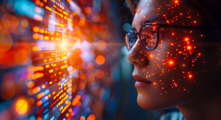 Poster - Futuristic 3D Rendering of Woman Analyzing Machine Learning Data with Cognitive Computing Visualization at Night