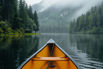 Poster - Canoe drifting on a serene lake surrounded by trees