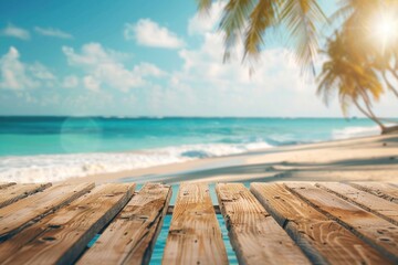 Sticker - Empty wooden table in front of beach summer ocean backgrounds.