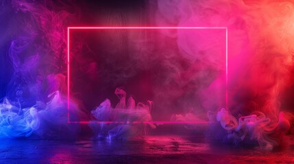 Poster - This is a neon futuristic door frame with luminous and fog. This is a realistic modern illustration of a red and purple gradient led rectangular portal with fog on a black background. The border is