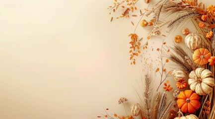 Canvas Print - Autumnal Pumpkins and Wheat Sprigs on a Beige Background