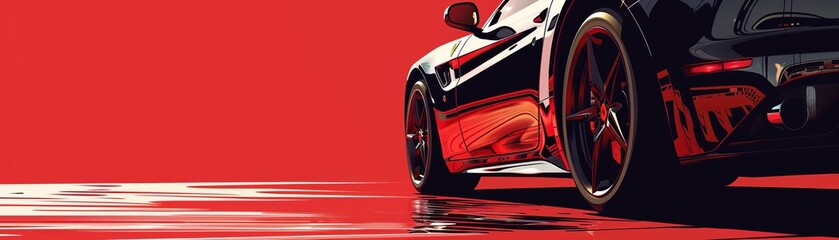 Shiny black car on a red background, high contrast, detailed, realistic illustration