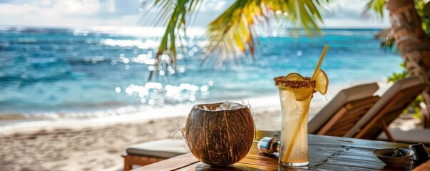 Wall Mural - A tropical beach scene with a coconut drink and a glass of lemonade on a table. The drink is served in a coconut shell, adding to the beachy atmosphere. The scene is relaxing and inviting. 