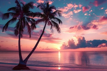 Wall Mural - Palm trees on the beach sunset sky sea.