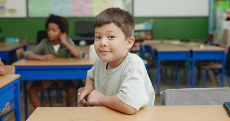 Aufkleber - Boy, face and happy student in classroom, kindergarden portrait and desk for education for academy lesson with kids. School, knowledge and pride or ready for learning in morning, smiling and growth