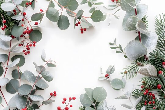 Modern winter floral frame background with eucalyptus, pine branches and red berries on white