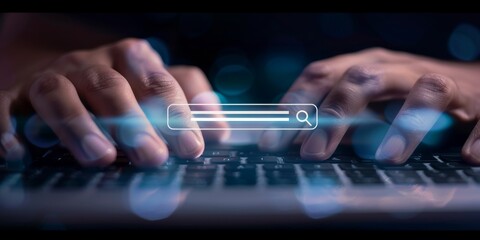 Poster - Hand typing on keyboard with search icon and cyber network connections, representing modern technology