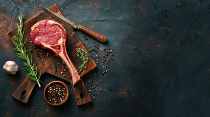 Wall Mural - Raw Tomahawk Steak on Cutting Board with Seasonings. Dark Background. Culinary Concept. This image shows a rustic style cooking preparation. It can be used for culinary or restaurant promotions. AI
