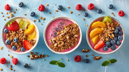 Wall Mural - Assorted smoothie bowls with fresh fruits and granola on blue background