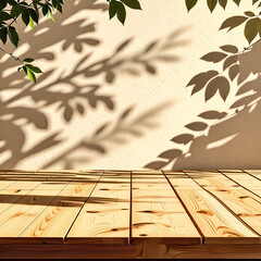 Wall Mural - Empty wood table top on beige wall texture with tree leaves shadow background