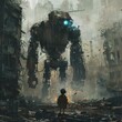 © BG_Illustrations - Child Offers Umbrella to Giant Robot in Rainy Apocalypse