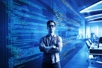 american programmer presenting code on screen, blending tech and expertise