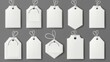 © Bundi - White cloth tags for apparel, shirts and dresses with stitches isolated on transparent background, realistic modern set of blank clothes tags.