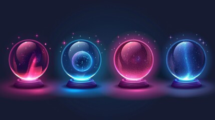 An isolated witchcraft occult spiritual UI object, a crystal magic ball with energy. A set of mystery lights and a magic teller icon.