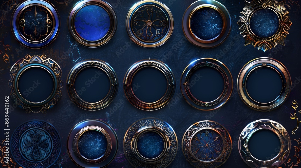 UI elements with metal thin border with gems isolated on white ...