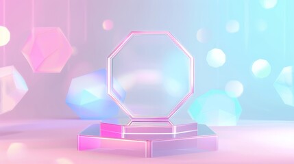 Poster - Transparent hexagon product podium on abstract holographic background with flash effect. Realistic modern display platform with crystal goods. Plexiglass glossy stand.