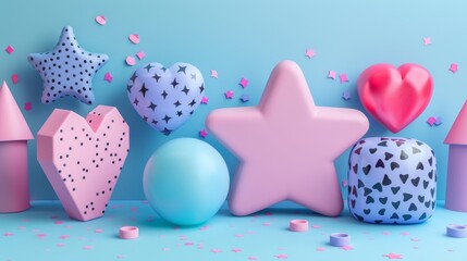 Poster - The 3D abstract digital design is reminiscent of a modern geometrical shape and features star elements. Isolated pop flower and heart graphic is simple digital futuristic geometry.