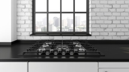A realistic 3D illustration of a black glossy surface where the hob is used to cook on. Designed as a mockup for a restaurant or home cuisine interior.